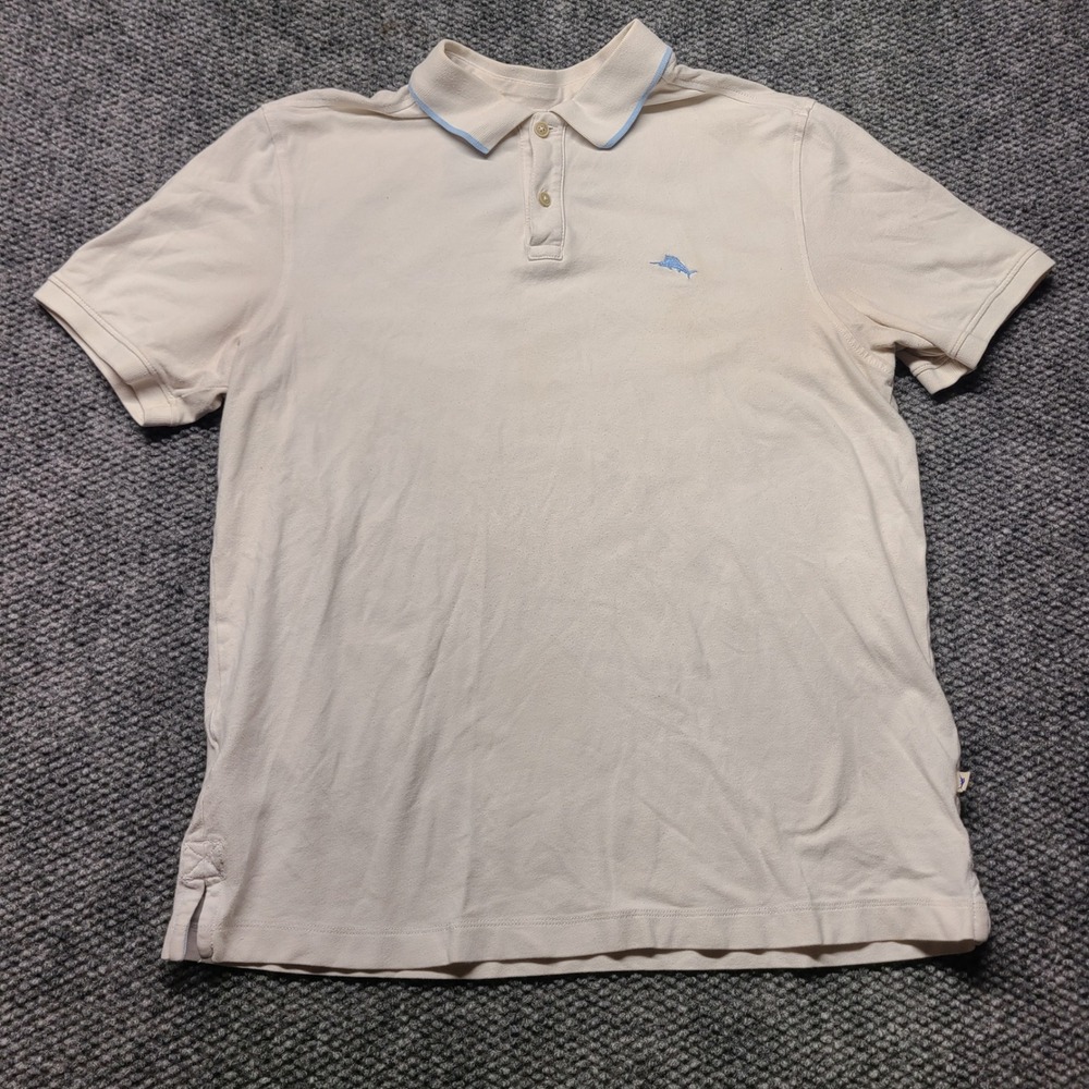 Tommy Bahama Mens Short Sleeve Polo Shirt Cream Blue Trim Marlin Logo Size M